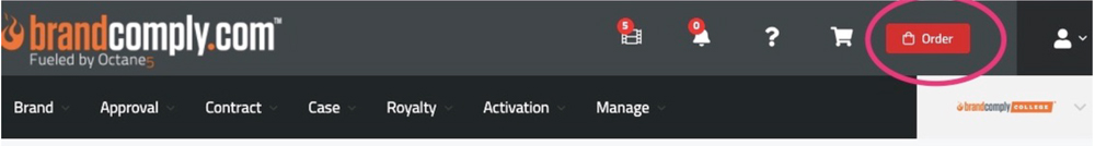 Screen shot image of the BrandComply web page highlighting the "Order" button. 